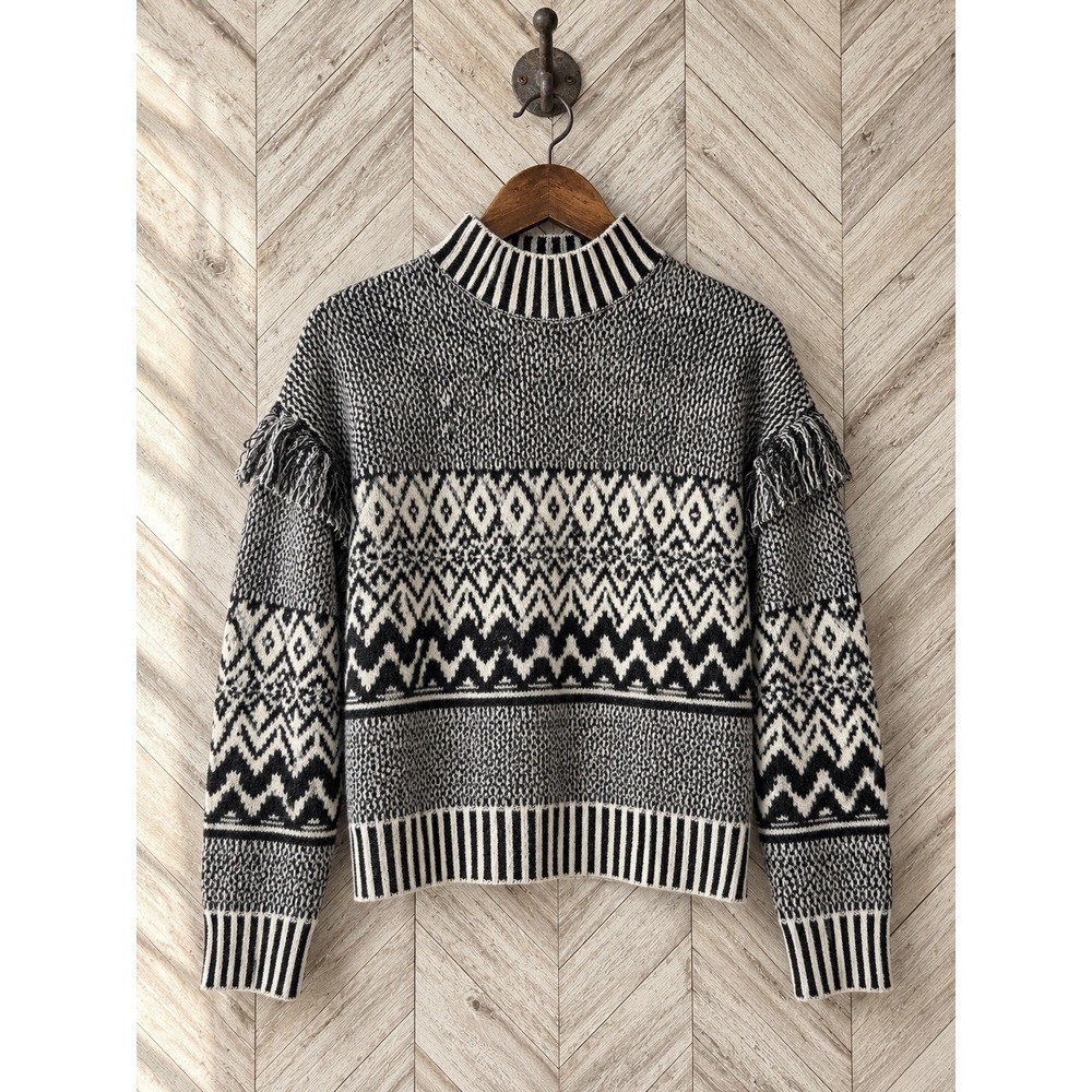 Every Fair Isle Mock Neck Fringe Sweater Black White Size S